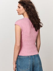 Pink Short Sleeve Shirred Textured Crew Neck Top - Image 3 of 4