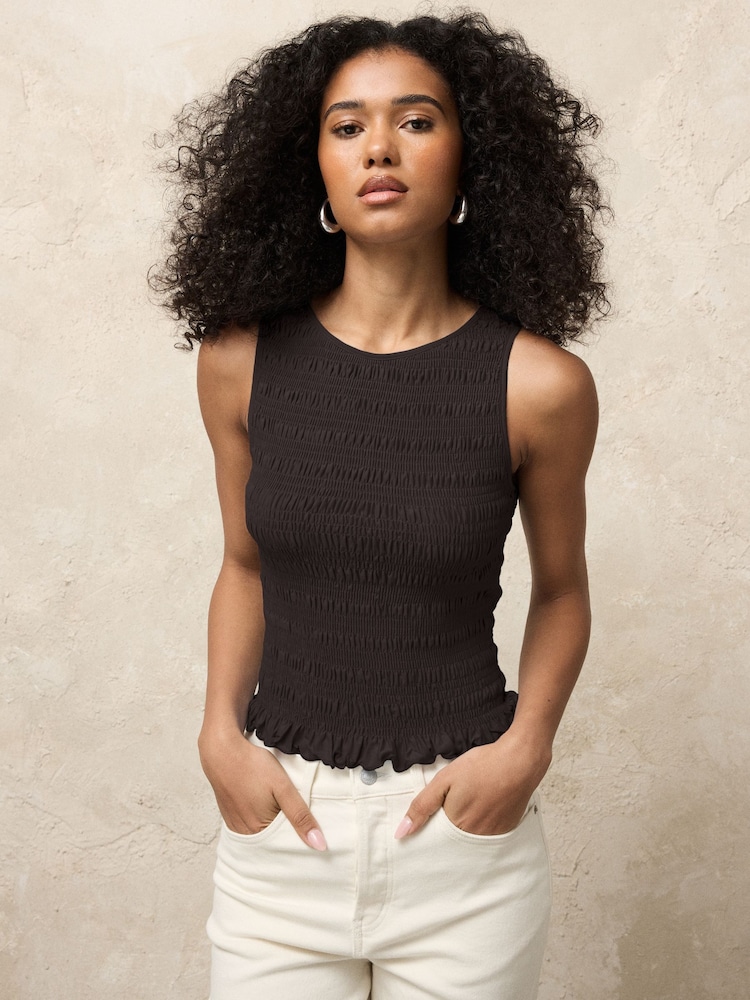 Chocolate Brown Shirred Modal Sleeveless Top - Image 1 of 6