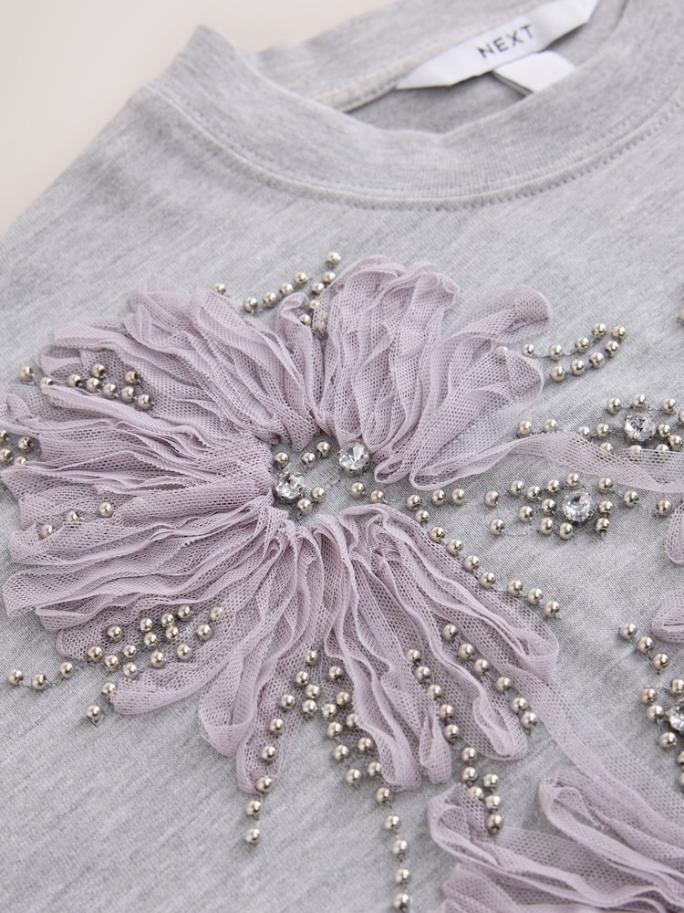 Grey Short Sleeve Floral Embellished T-Shirt - Image 2 of 3