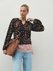Animal Print Long Sleeve Notch Neck Top - Image 1 of 5