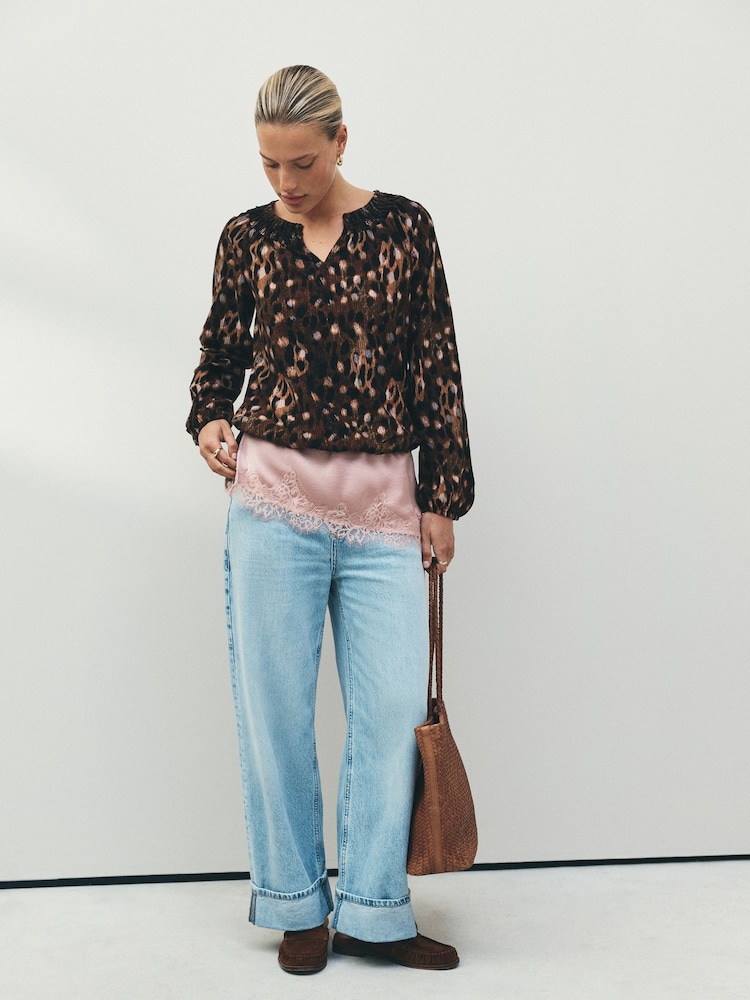 Animal Print Long Sleeve Notch Neck Top - Image 2 of 5
