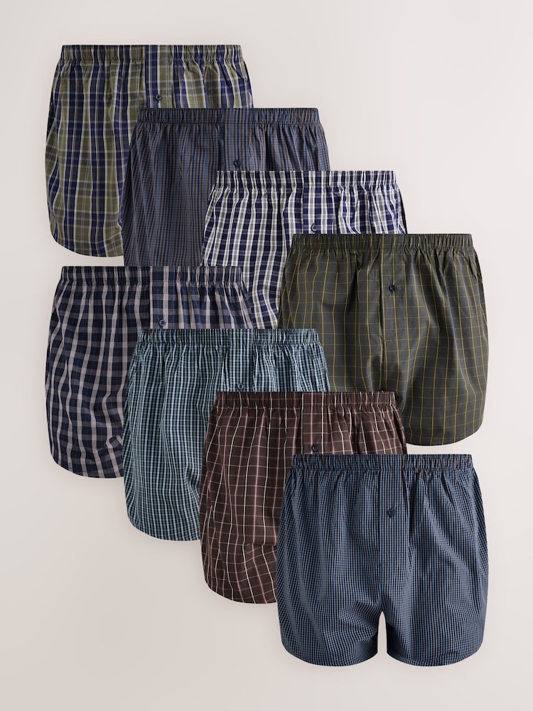 Navy/Green Check 8 pack Woven Pure Boxers - Image 1 of 12