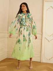 Green Ombre Animal - Love & Roses Midi kjole med ryshals - Bilde 1 av 4