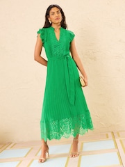 Love & Roses Bright Green Lace Detail Pleated Midi Dress - Image 1 of 4