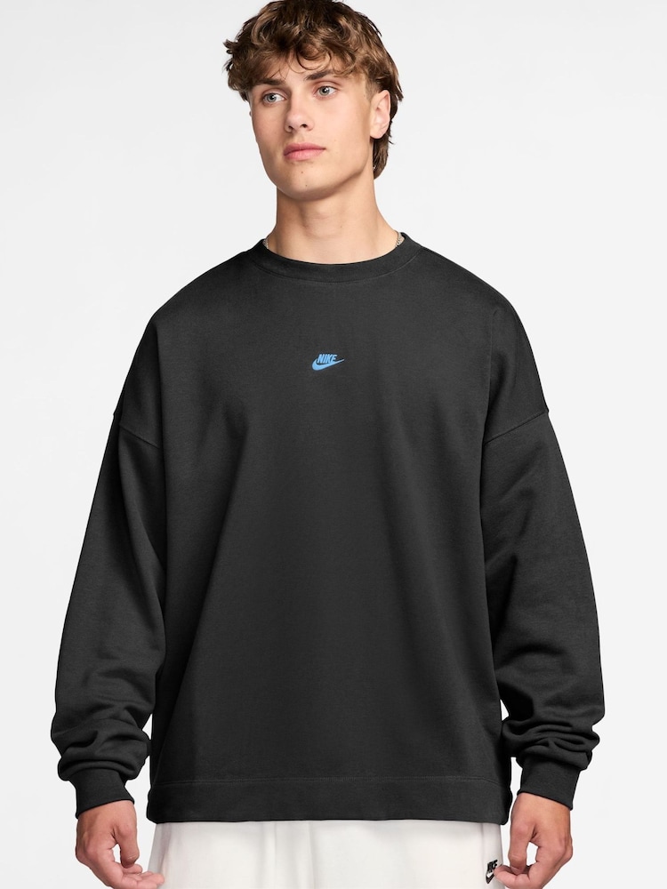 Nike Black Silver Sportswear Club French Terry Oversized Crew Sweat Top - Image 1 of 4 Nike Black Silver Sportswear Club French Terry Oversized Crew Sweat Top - Image 1 of 4