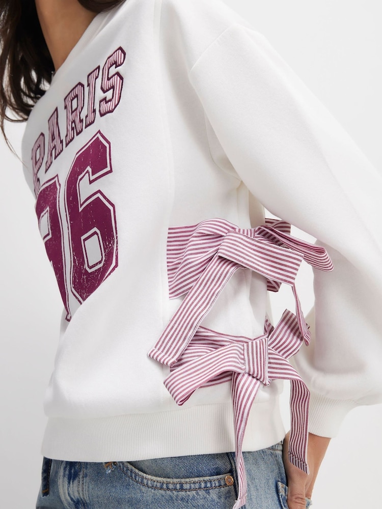 River Island Cream Long Sleeve Paris Poplin Bow Sweat Top - Image 4 of 4