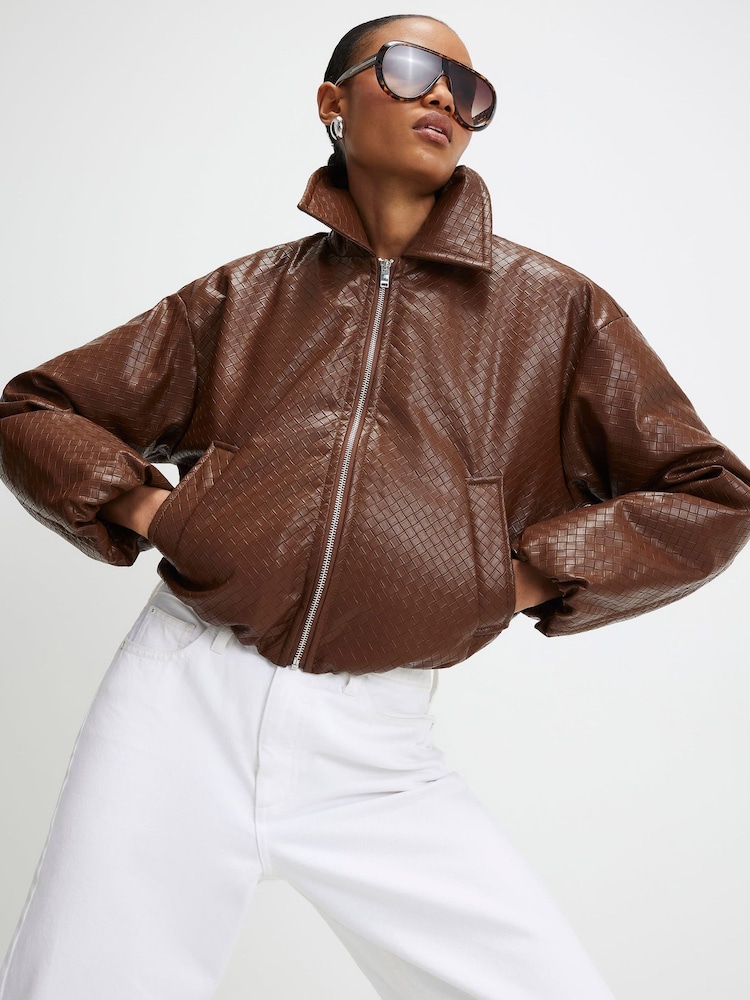 River Island Brown Woven Look Pu Bomber Jacket - Image 1 of 3