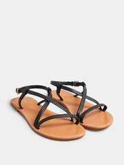 Long Tall Sally Black LTS Black Leather Crossover Strap Flat Sandals In Standard Fit - Image 2 of 5