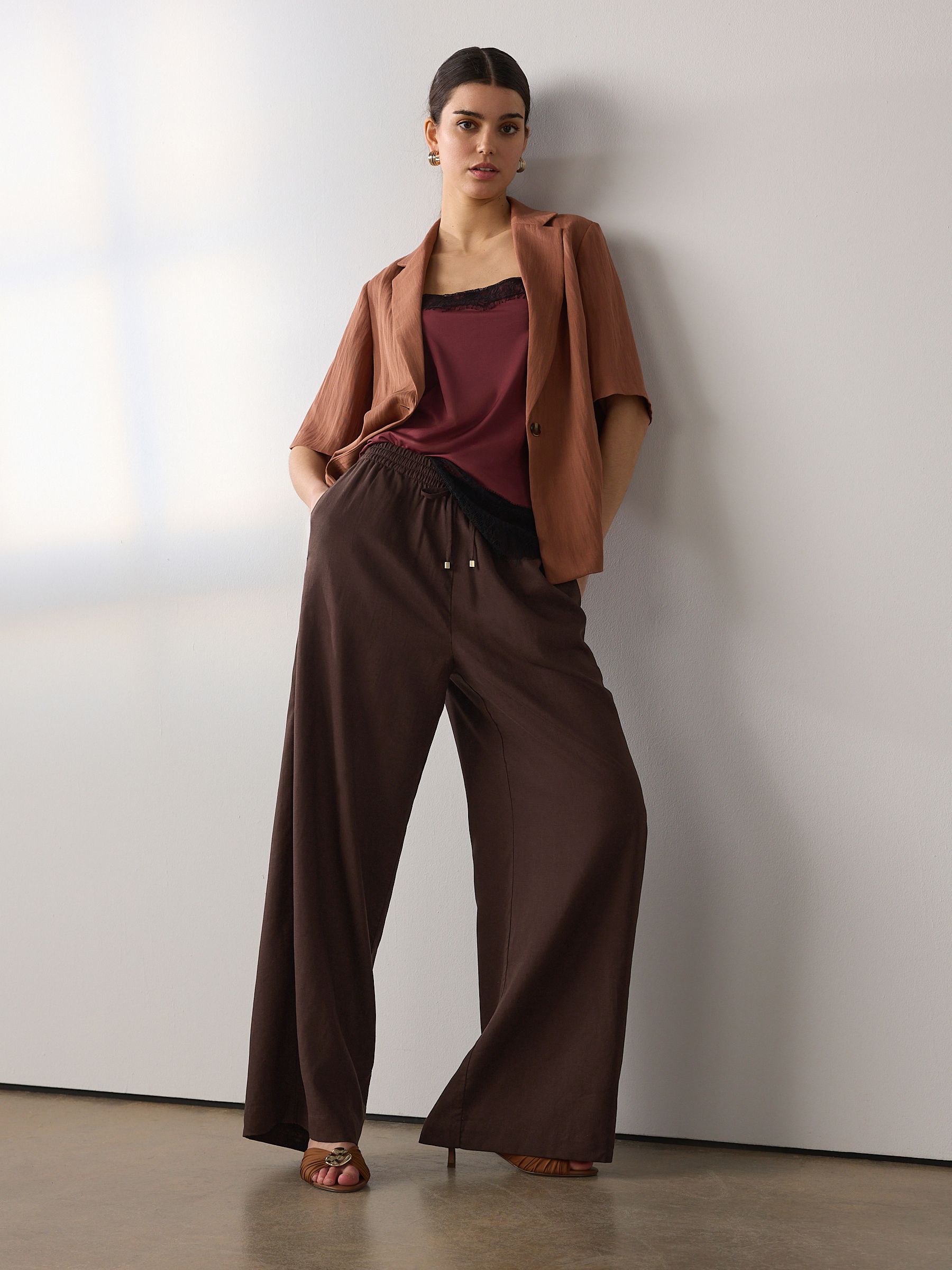 Buy Chocolate Brown Pull On Wide Leg Trousers With Linen from Next USA
