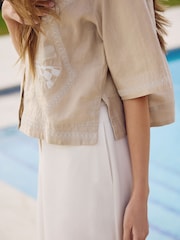 Beige Embroidery Detail N. Premium 100% Linen Boxy Short Sleeve Shirt - Image 5 of 8