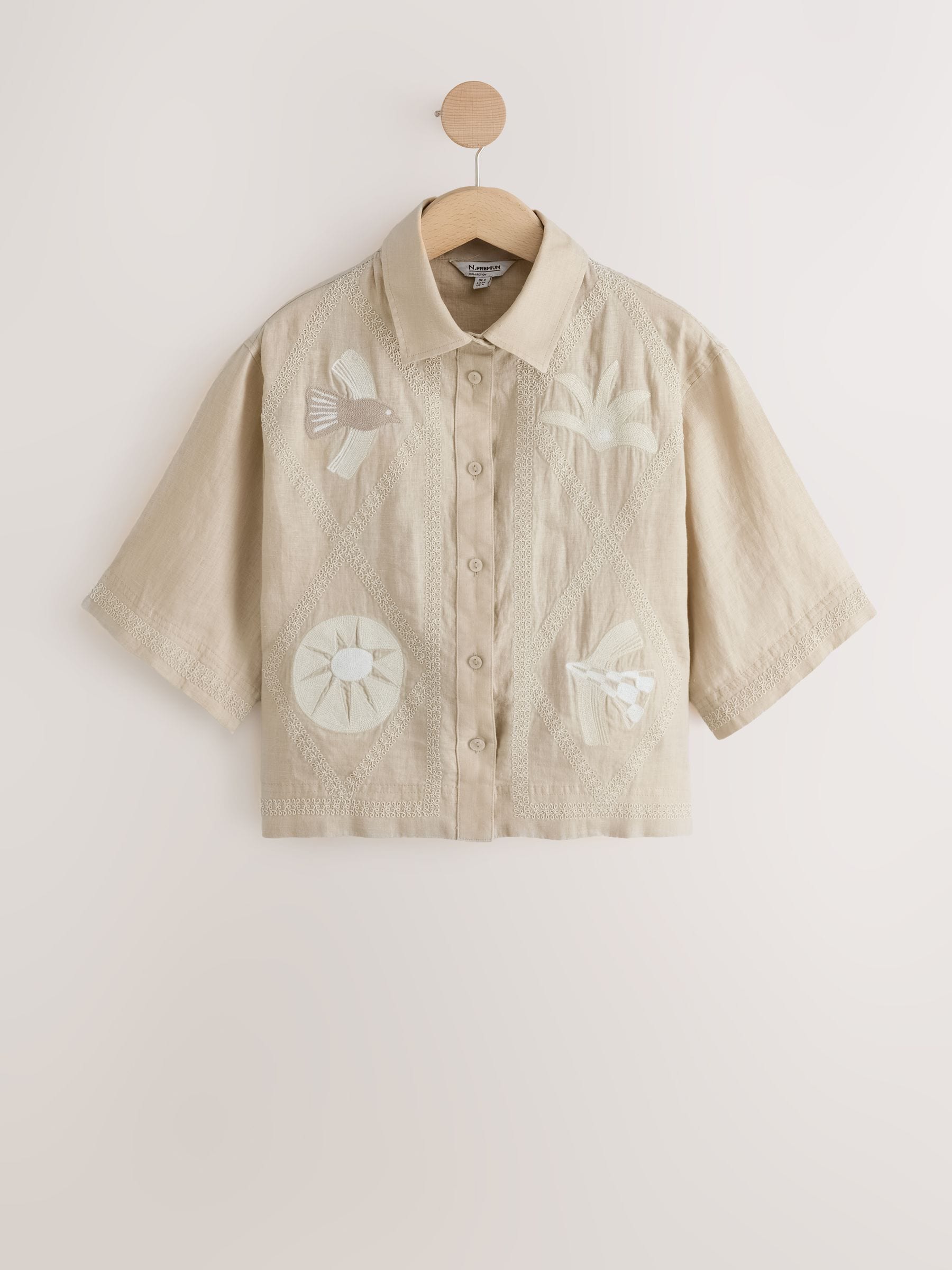 Buy Beige Embroidery Detail N. Premium 100% Linen Boxy Short