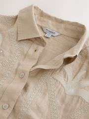 Beige Embroidery Detail N. Premium 100% Linen Boxy Short Sleeve Shirt - Image 8 of 8