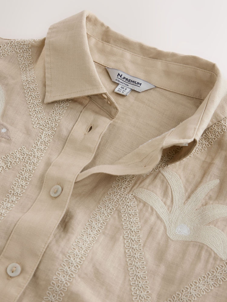 Beige Embroidery Detail N. Premium 100% Linen Boxy Short Sleeve Shirt - Image 8 of 8 Beige Embroidery Detail N. Premium 100% Linen Boxy Short Sleeve Shirt - Image 8 of 8