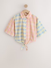 Pink/Yellow Spliced Check Tie-Front Short Sleeve Shirt with Linen - Image 7 of 9