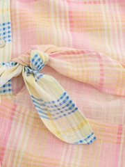 Pink/Yellow Spliced Check Tie-Front Short Sleeve Shirt with Linen - Image 9 of 9