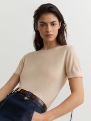 Reiss Neutral Livy Short-Sleeve Knitted Top with Linen - Image 1 of 7