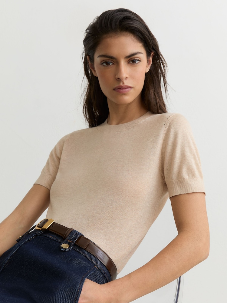 Reiss Neutral Livy Short-Sleeve Knitted Top with Linen - Image 1 of 7