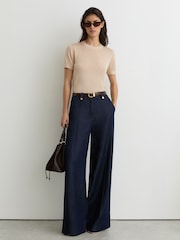 Reiss Neutral Livy Short-Sleeve Knitted Top with Linen - Image 3 of 7