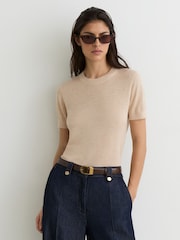 Reiss Neutral Livy Short-Sleeve Knitted Top with Linen - Image 5 of 7