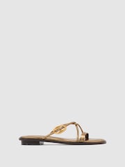 Reiss Dark Gold Raina Leather Twist-Strap Flat Sandals - Image 2 of 5