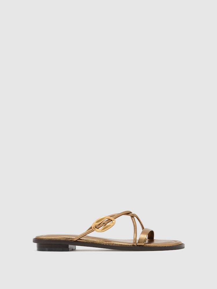 Reiss Dark Gold Raina Leather Twist-Strap Flat Sandals - Image 2 of 5