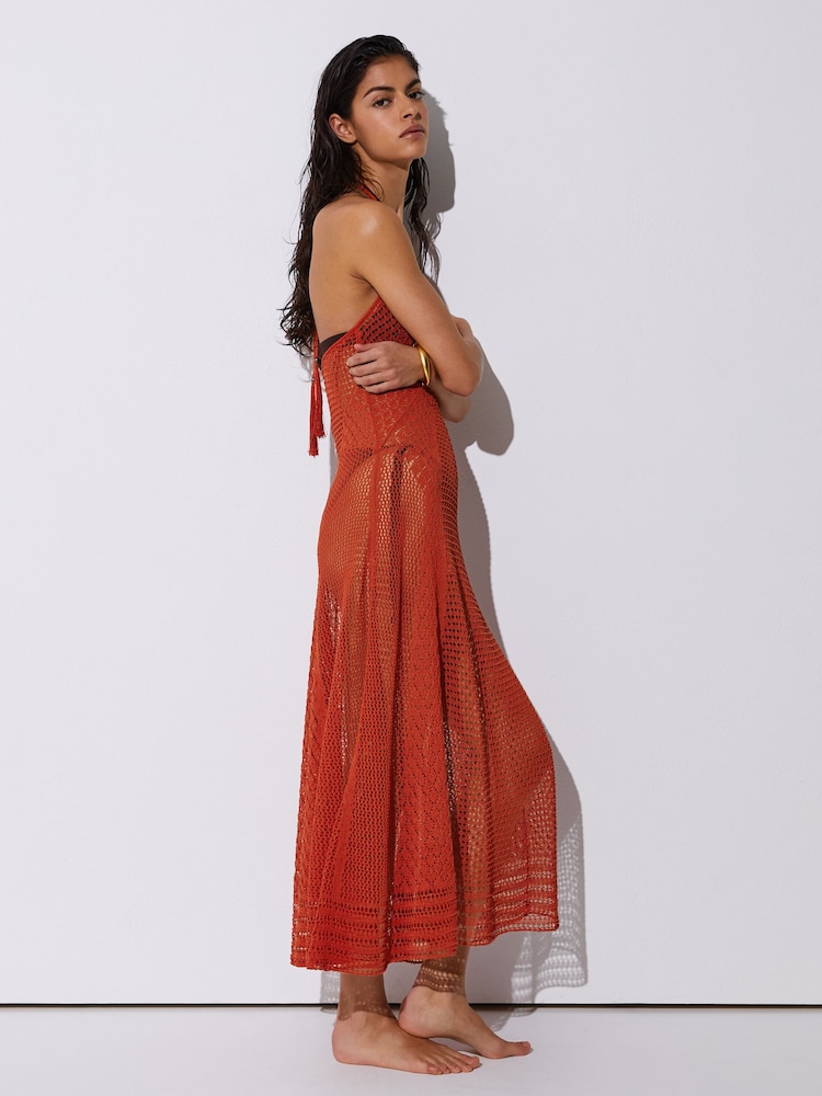 crochet coral dress Lulus | Coral Crochet Sleeveless Fringe Midi Dress | Womens | Large (Available in XS, S, M, XL)