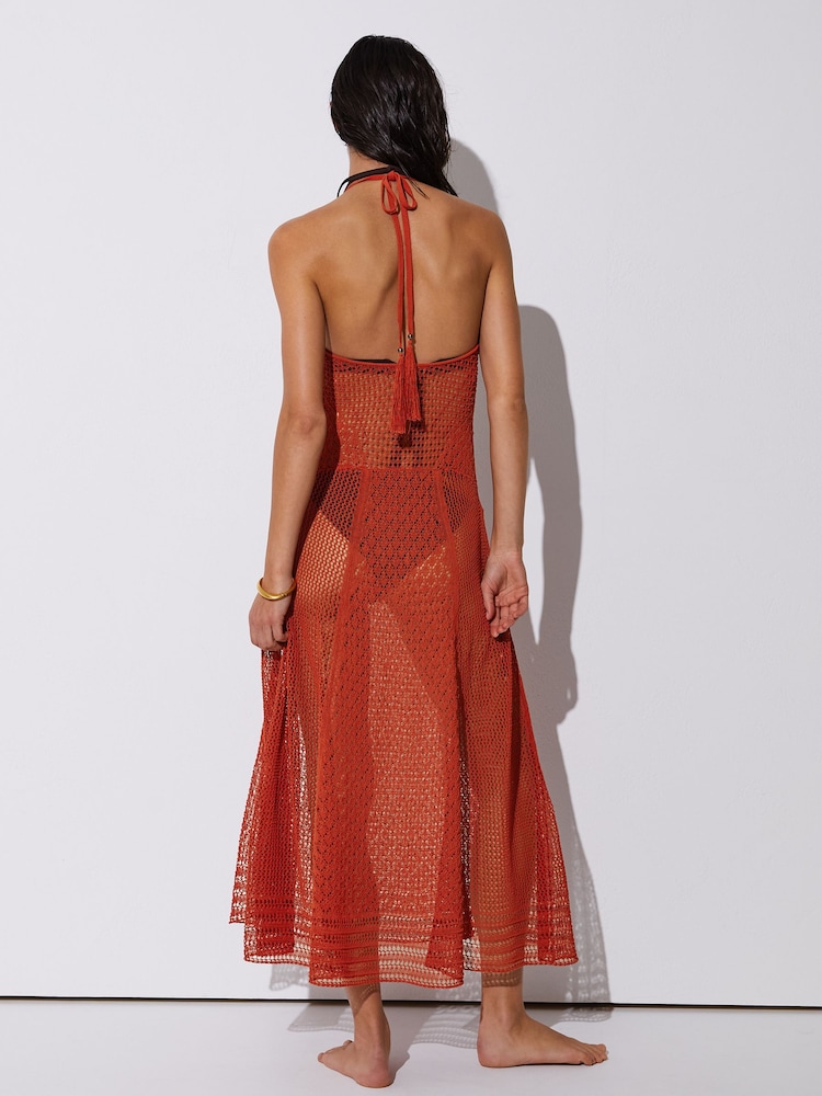 red crochet beach dress Ember Ruffle Hem Crochet Cover Up Dress main image 1