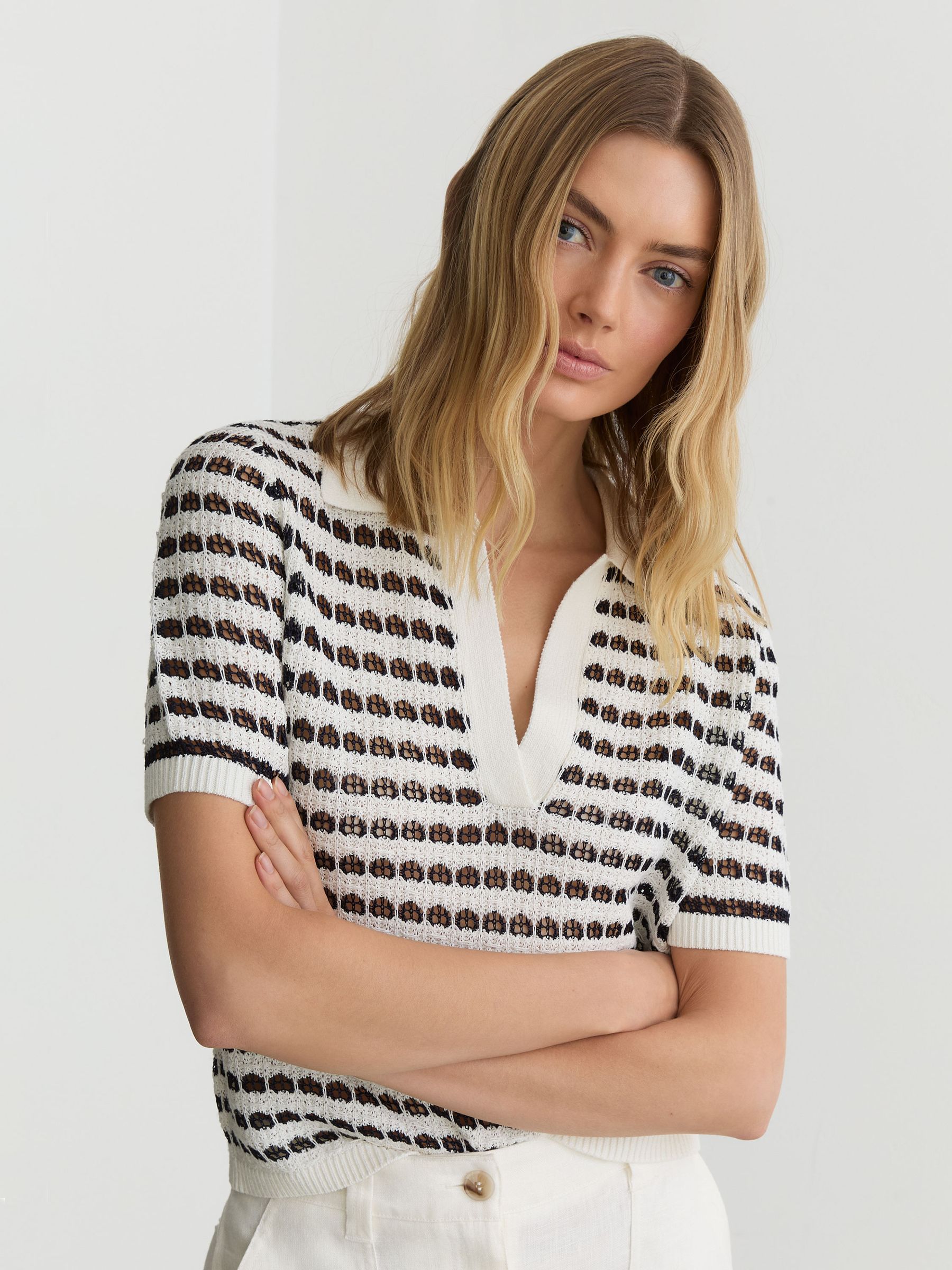 Buy Reiss White/Navy Gemma Open-Knit Patterned Polo Top With