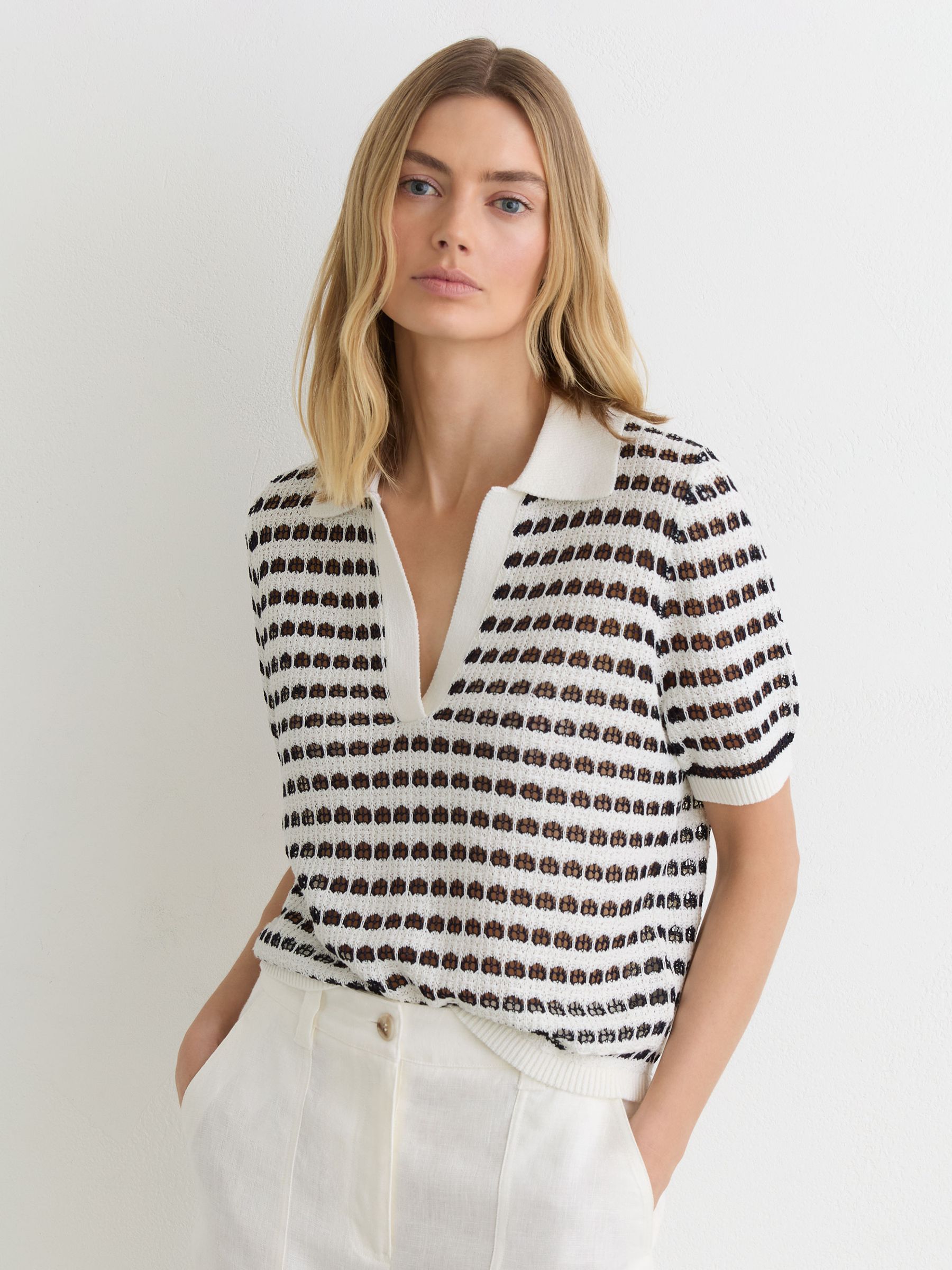Buy Reiss White/Navy Gemma Open-Knit Patterned Polo Top With