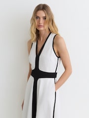 Reiss Ivory/Black Nova Petite Contrast-Trim Cross-Back Midi Dress with Linen - Image 1 of 7
