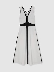 Reiss Ivory/Black Nova Petite Contrast-Trim Cross-Back Midi Dress with Linen - Image 2 of 7