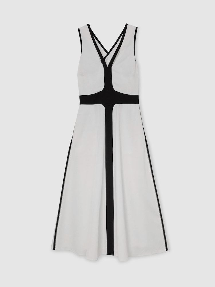 Reiss Ivory/Black Nova Petite Contrast-Trim Cross-Back Midi Dress with Linen - Image 2 of 7