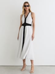 Reiss Ivory/Black Nova Petite Contrast-Trim Cross-Back Midi Dress with Linen - Image 3 of 7