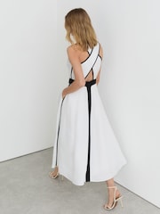 Reiss Ivory/Black Nova Petite Contrast-Trim Cross-Back Midi Dress with Linen - Image 4 of 7