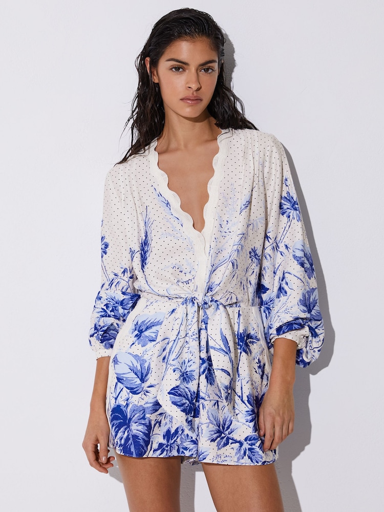 Reiss Blue/Ivory Bonnie Scarf-Print Beach Cover-Up Playsuit - Image 1 of 7
