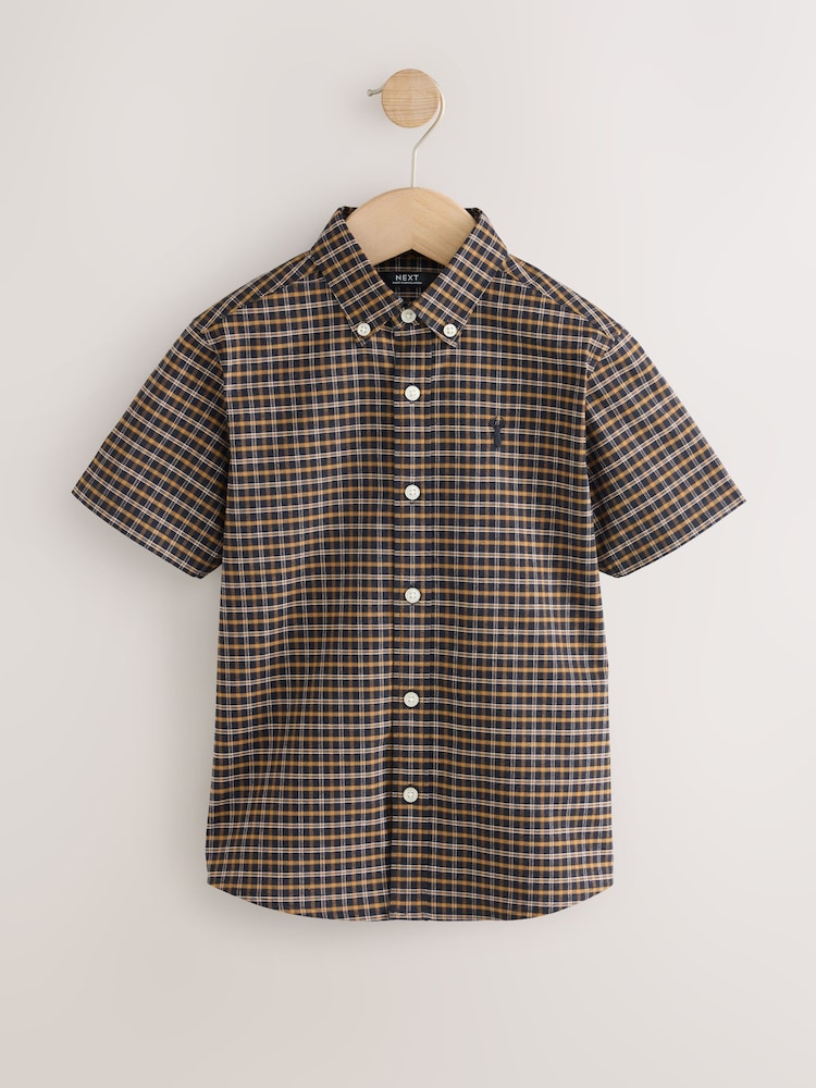 Chocolate Brown Gingham Logo Short Sleeve Cotton Rich Oxford Shirt (3-16yrs) - Image 1 of 4 Chocolate Brown Gingham Logo Short Sleeve Cotton Rich Oxford Shirt (3-16yrs) - Image 1 of 4