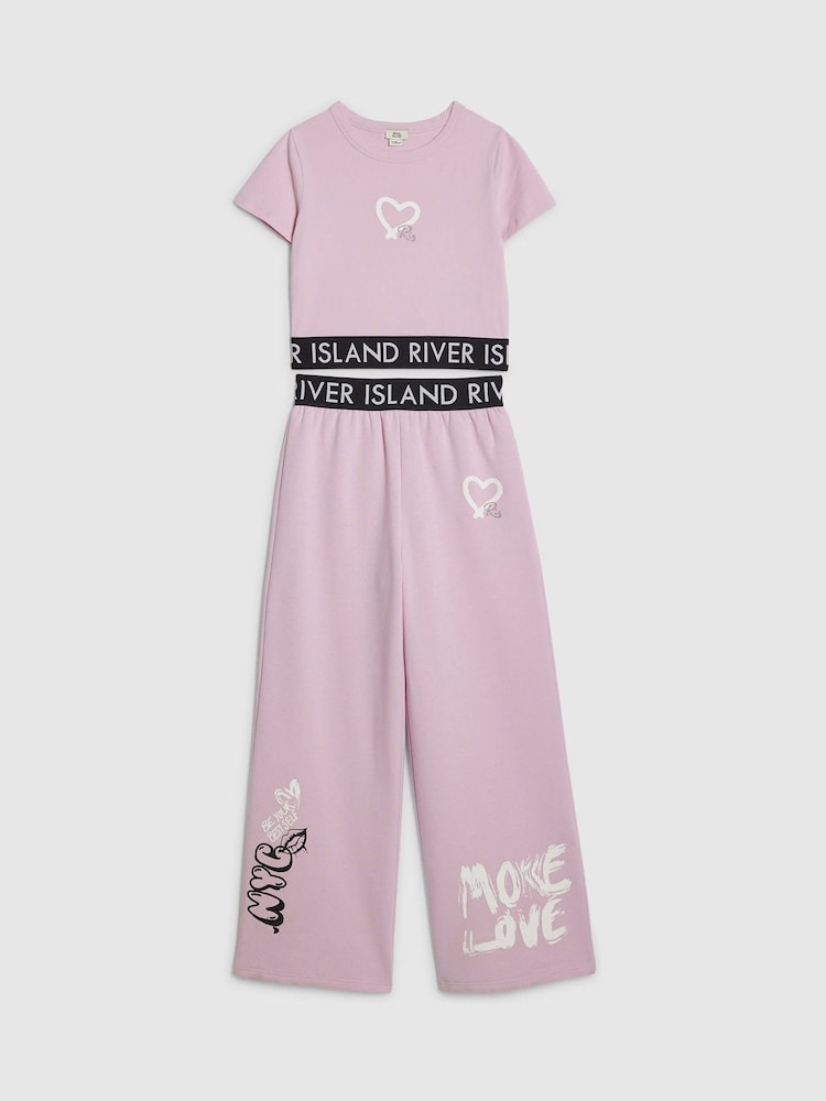 River Island Pink Grafitti Waistband Crop Top & Wide Leg Joggers Set - Image 1 of 4