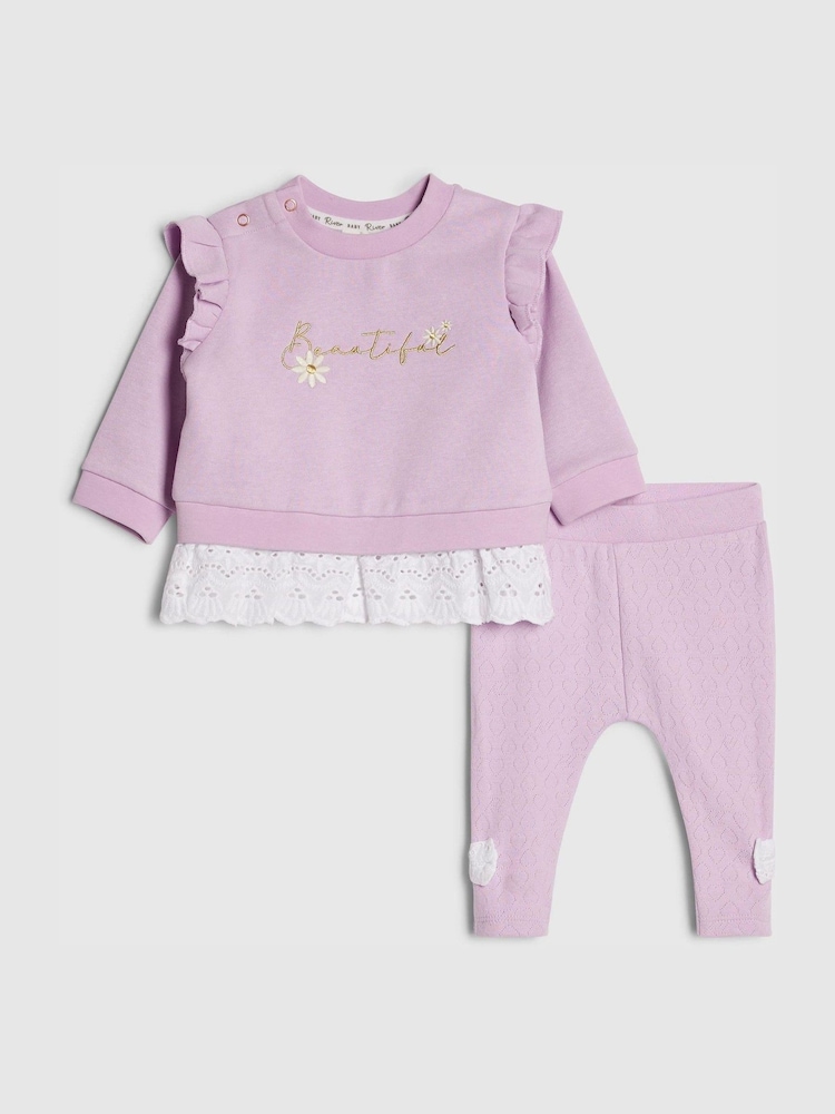 River Island Purple Broderie Sweatshirt & Leggings Set - Image 1 of 5