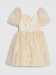 River Island Yellow Puff Sleeve Flower Embroidered Tulle Dress - Image 1 of 3