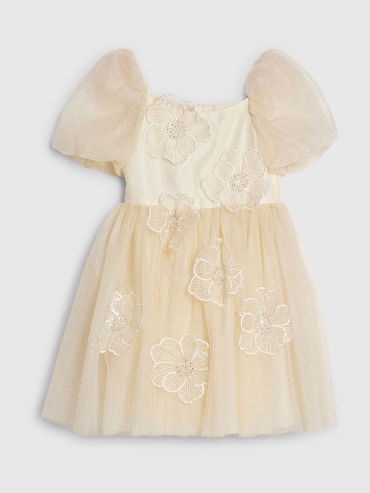 River Island Yellow Puff Sleeve Flower Embroidered Tulle Dress - Image 1 of 3