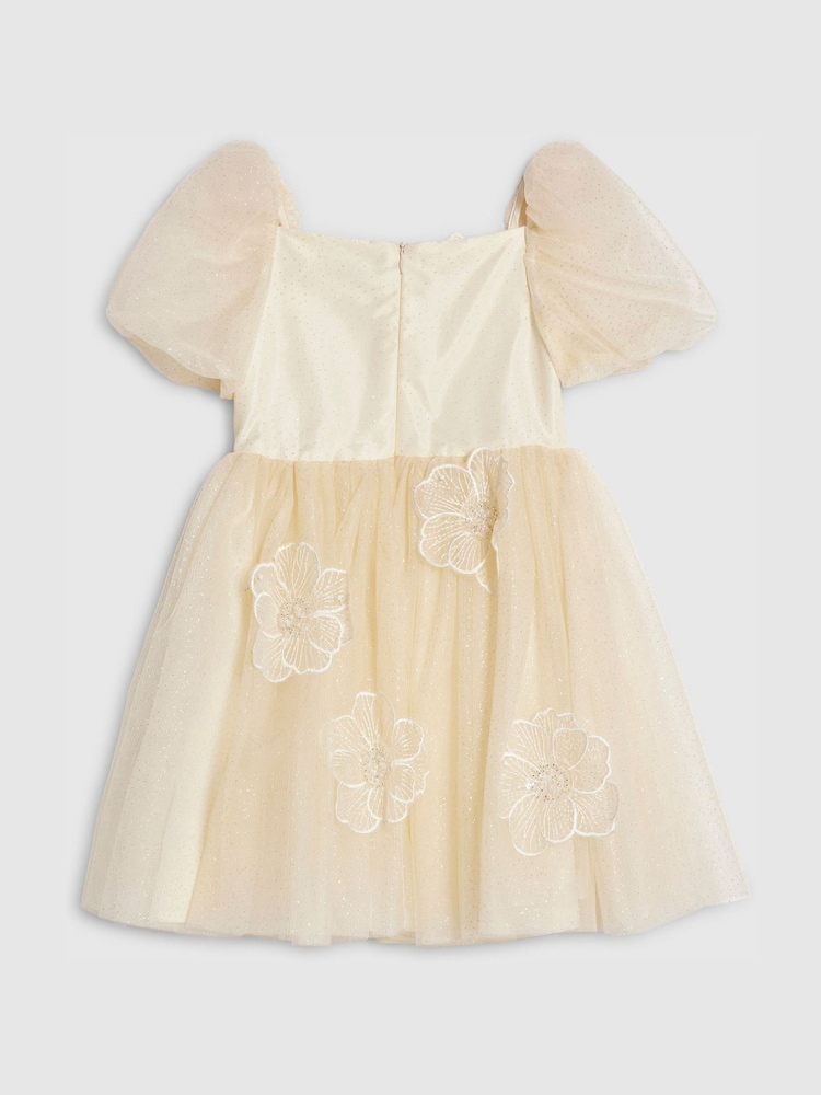 River Island Yellow Puff Sleeve Flower Embroidered Tulle Dress - Image 2 of 3