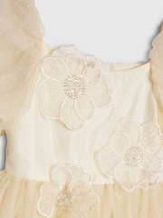 River Island Yellow Puff Sleeve Flower Embroidered Tulle Dress - Image 3 of 3