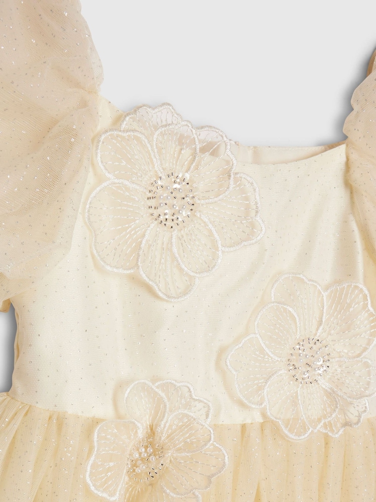 River Island Yellow Puff Sleeve Flower Embroidered Tulle Dress - Image 3 of 3