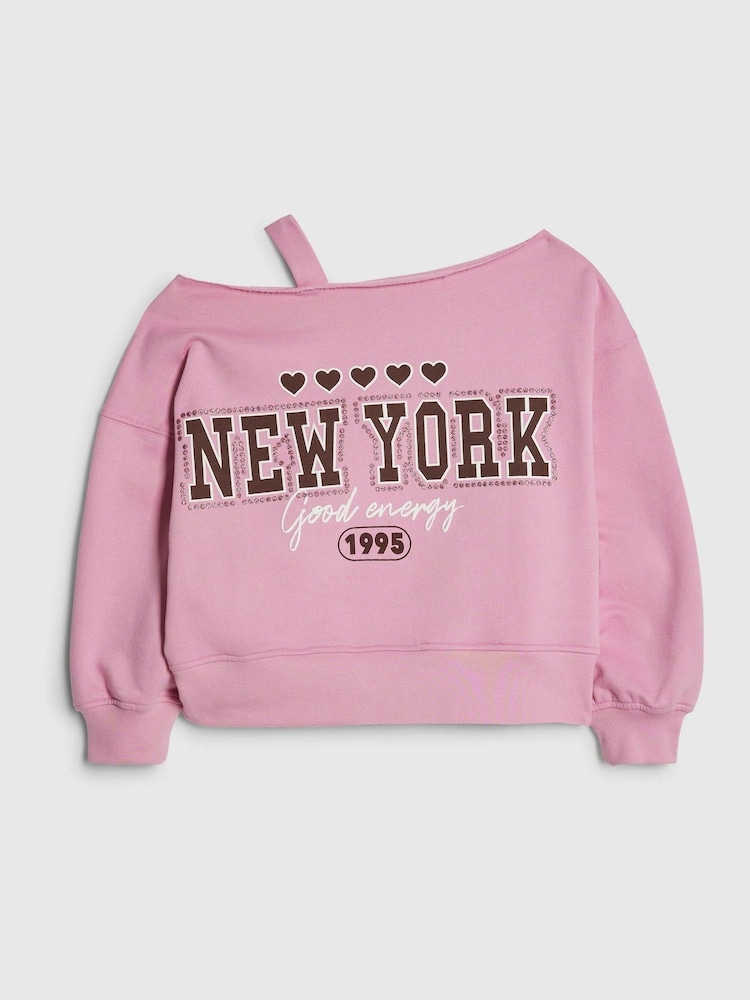 River Island Pink New York Off The Shoulder Sweatshirt - Image 1 of 4