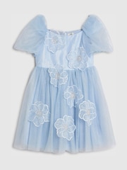 River Island Blue Puff Sleeve Flower Embroidered Tulle Dress - Image 1 of 4