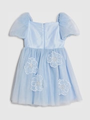 River Island Blue Puff Sleeve Flower Embroidered Tulle Dress - Image 2 of 4
