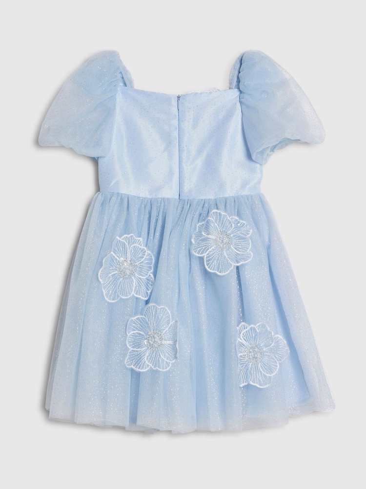 River Island Blue Puff Sleeve Flower Embroidered Tulle Dress - Image 2 of 4