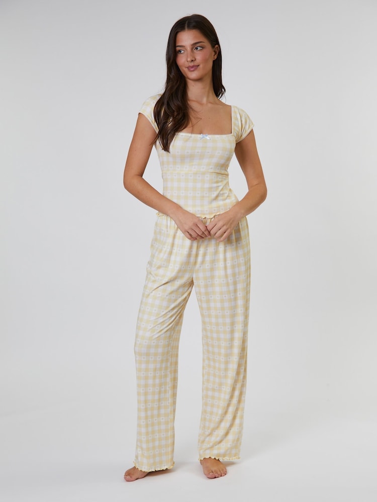 Loungeable Yellow Gingham Heart Printed Cami and Wide Leg Trousers Pyjamas Set - Image 1 of 5