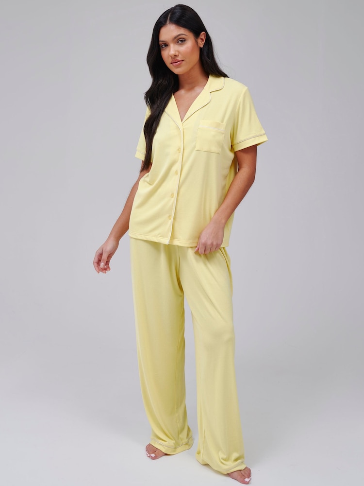 Loungeable Yellow Super Soft Jersey Rib Short Sleeve Button Through Pyjamas - Image 1 of 4