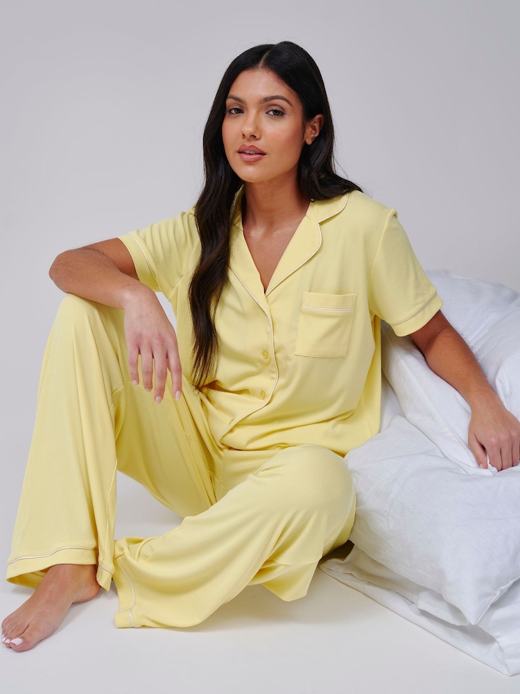 Loungeable Yellow Super Soft Jersey Rib Short Sleeve Button Through Pyjamas - Image 2 of 4